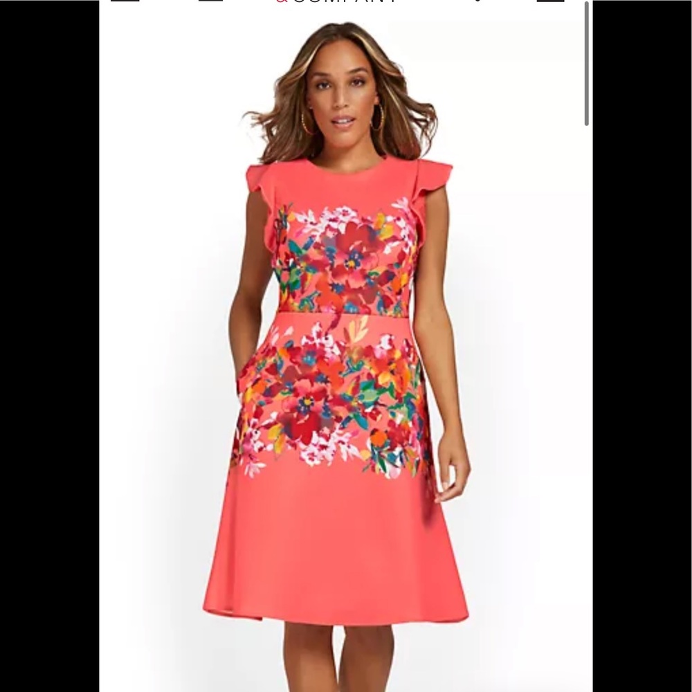 New York & company Floral print fit and flare dress midi a-line pink coral peach